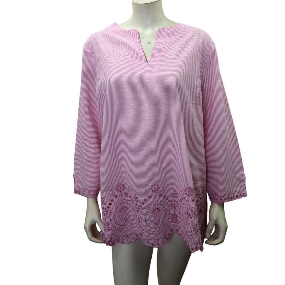 Talbots Pink Striped Tunic Top With Embroidered Eyelet Hem & Split Neckline Cott